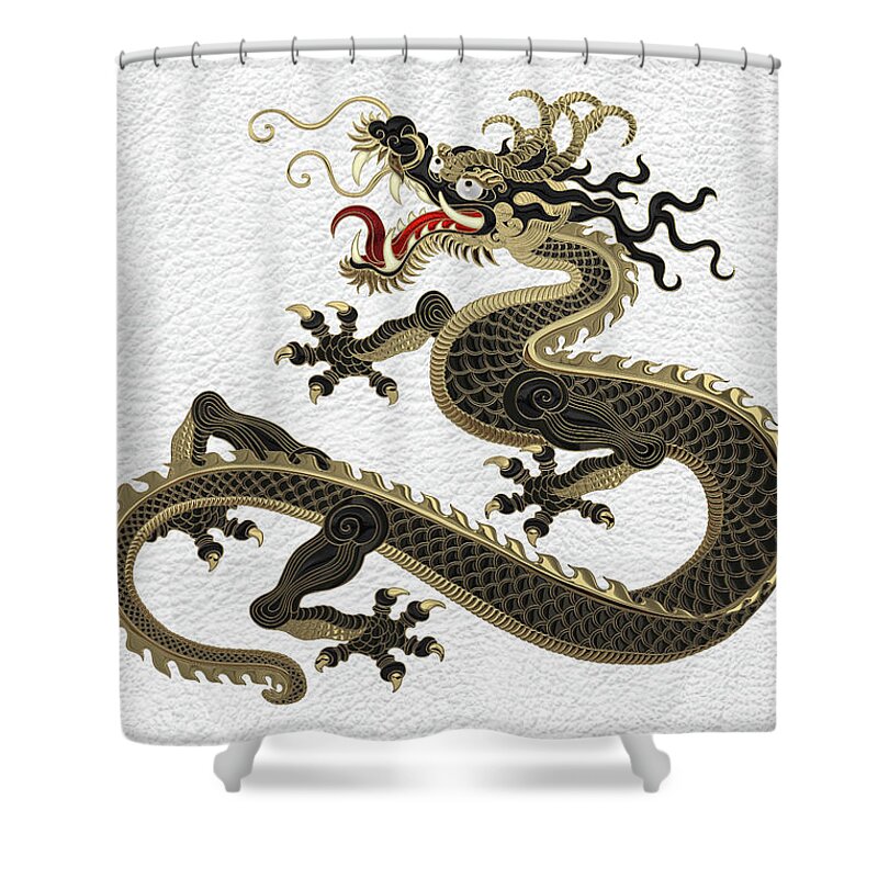 ‘the Great Dragon Spirits’ Collection By Serge Averbukh Shower Curtain featuring the digital art Black and Gold Sacred Eastern Dragon over White Leather by Serge Averbukh