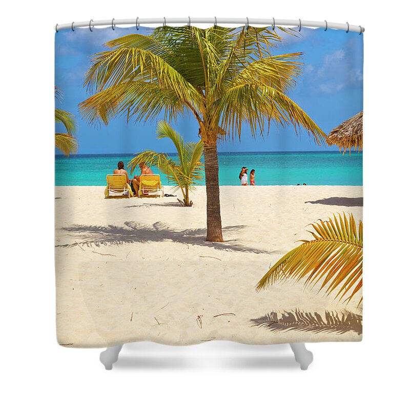 Estock Shower Curtain featuring the digital art Aruba, Eagle Beach Scene by Claudia Uripos