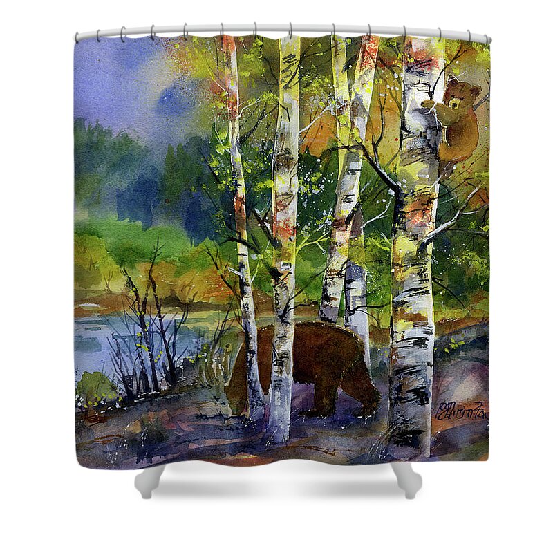 Bears Shower Curtain featuring the painting Aspen Bears #2 by Joan Chlarson