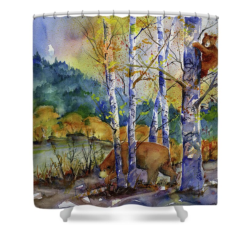 Bears Shower Curtain featuring the painting Aspen Bears at Emmigrant Gap by Joan Chlarson