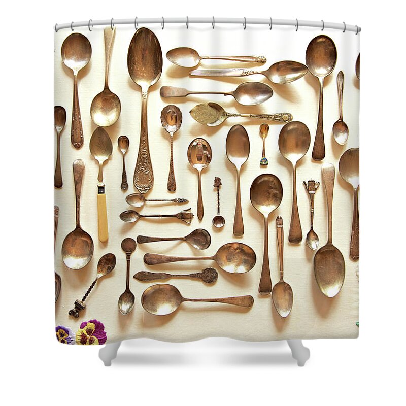 Spoon Shower Curtain featuring the photograph Assorted Vintage Spoons by Sharon Lapkin