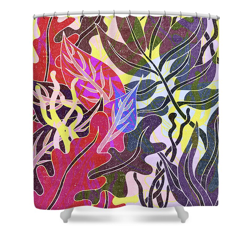 Leaf Shower Curtain featuring the mixed media Assortment of Leaves 5 - Exotic Boho Leaf Pattern - Colorful, Modern, Tropical Art - Red, Purple by Studio Grafiikka