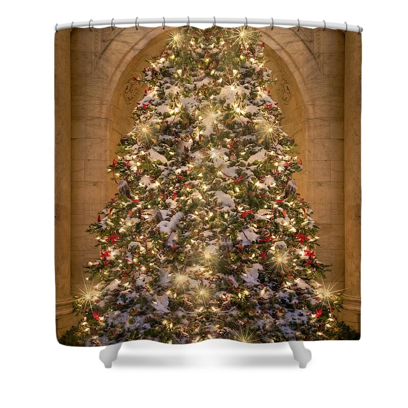 New York Public Library Shower Curtain featuring the photograph Astor Hall NYPL Christmas Tree by Susan Candelario