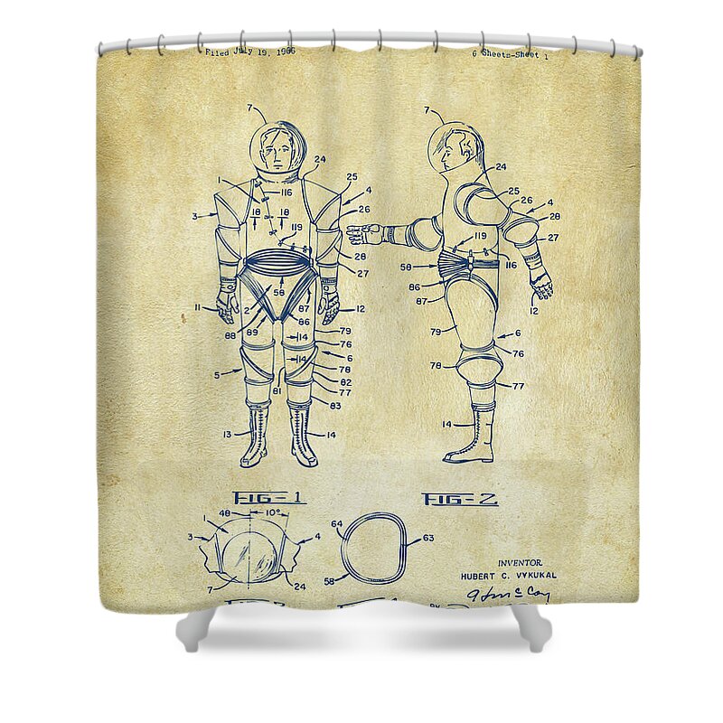 Space Suit Shower Curtain featuring the digital art Astronaut Space Suit Patent 1968 - Vintage by Nikki Marie Smith