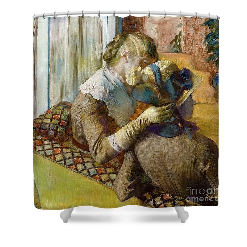Edgar Degas Shower Curtain featuring the painting At The Milliners, Chez Le Modiste, 1881 Pastel By Degas by Edgar Degas