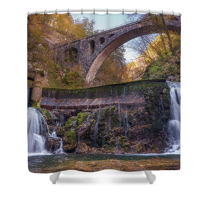 Europe Shower Curtain featuring the photograph At The Vintgar Gorge by Elias Pentikis