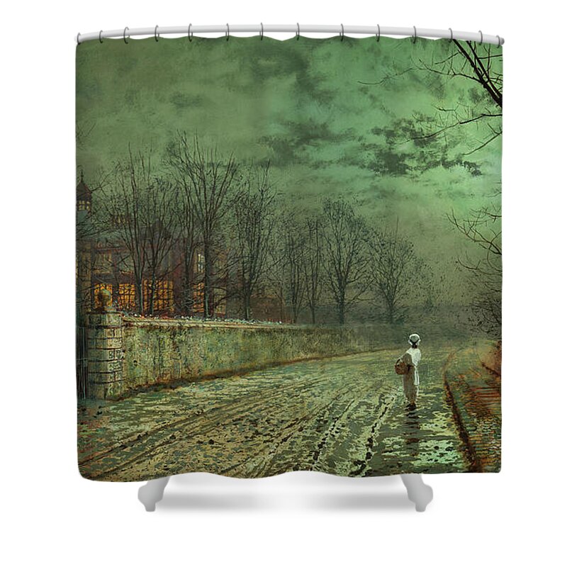 Atkinson Grimshaw Shower Curtain featuring the painting Atkinson Grimshaw -Leeds, 1836 -1893-. A Moonlit Evening -1880-. Oil on cardboard. 25.5 x 46 cm. by John Atkinson Grimshaw -1836-1893-