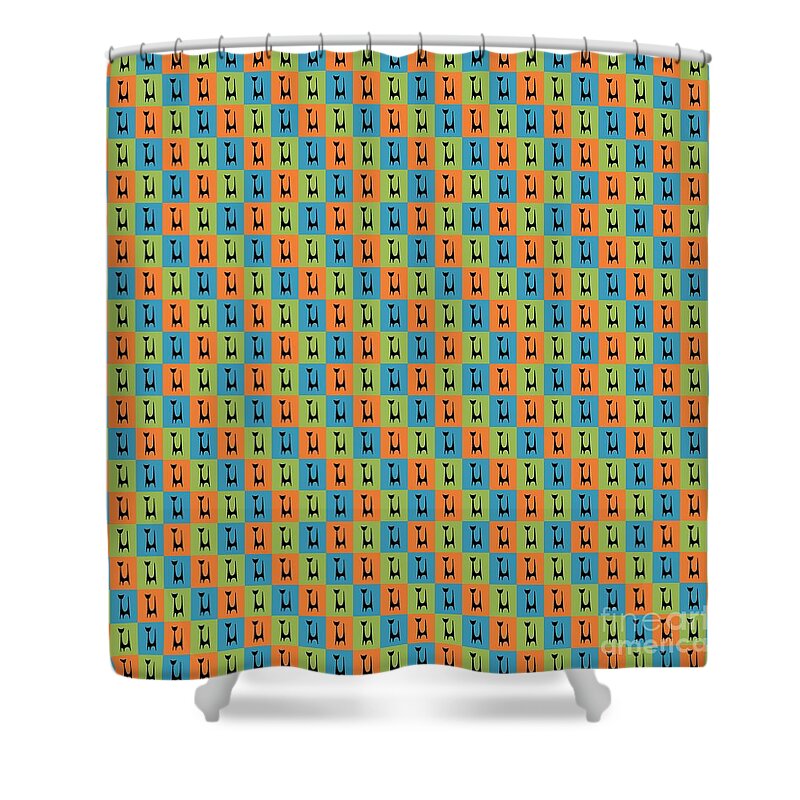 Mid Century Modern Shower Curtain featuring the digital art Atomic Cat 1 on Rectangles by Donna Mibus