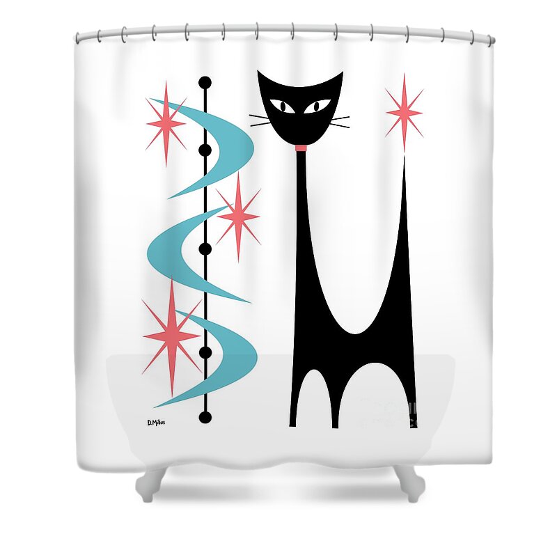 Mid Century Modern Shower Curtain featuring the digital art Atomic Cat Blue and Pink on White by Donna Mibus