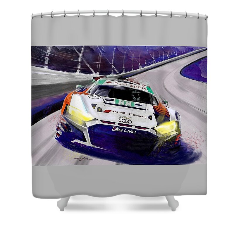 Audi Shower Curtain featuring the mixed media Audi R8 LMS Ready for 24 Hrs of Daytona by Shehan Wicks