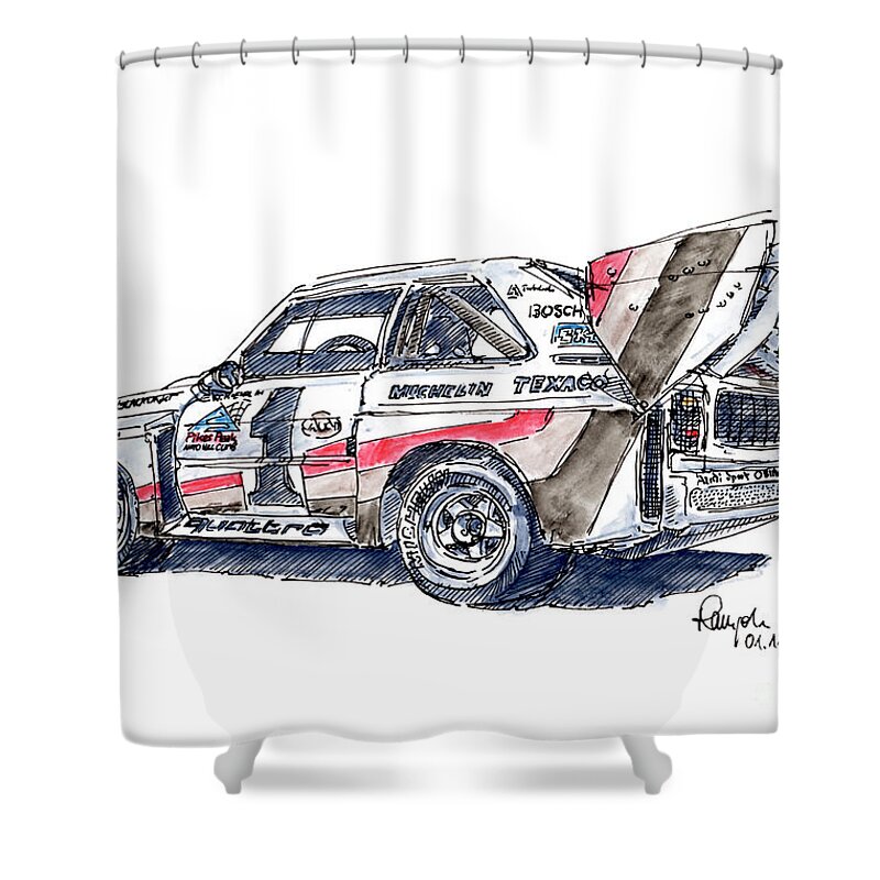 Audi Shower Curtain featuring the drawing Audi Sport Quattro S1 Pikes Peak Racecar Ink Drawing and Waterco by Frank Ramspott