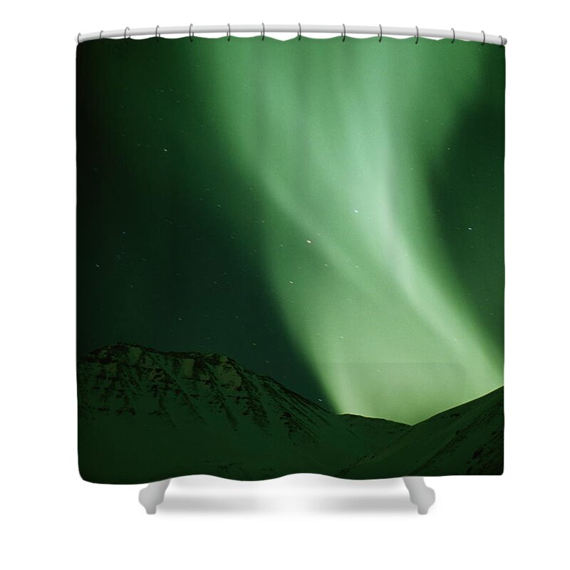 Camping Shower Curtain featuring the photograph Aurora Borealis Over Campsite In by Steven Nourse
