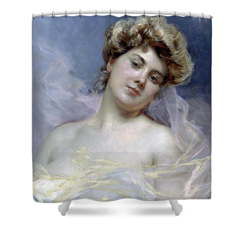 Aurora (mythology) Shower Curtain featuring the painting 'Aurora', Oil on canvas, 65,4 x 54,8 cm. RAIMUNDO DE MADRAZO . by Raimundo de Madrazo y Garreta -1841-1920-