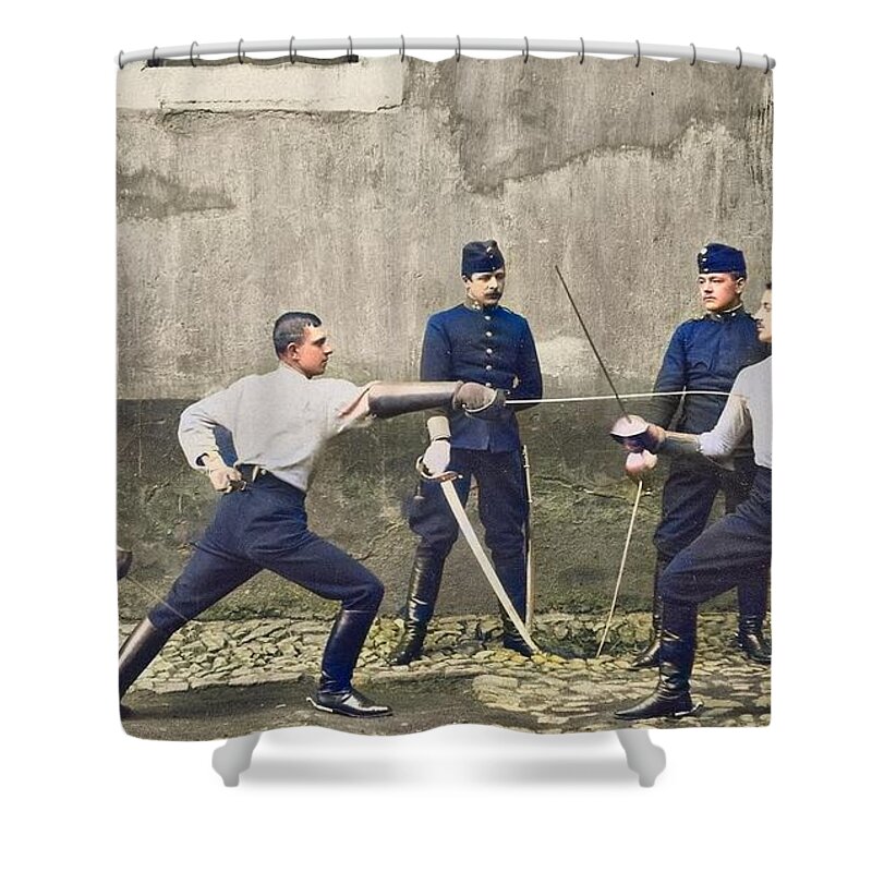 Colorized Shower Curtain featuring the painting Austrian swords 1910 colorized by Ahmet Asar by Celestial Images
