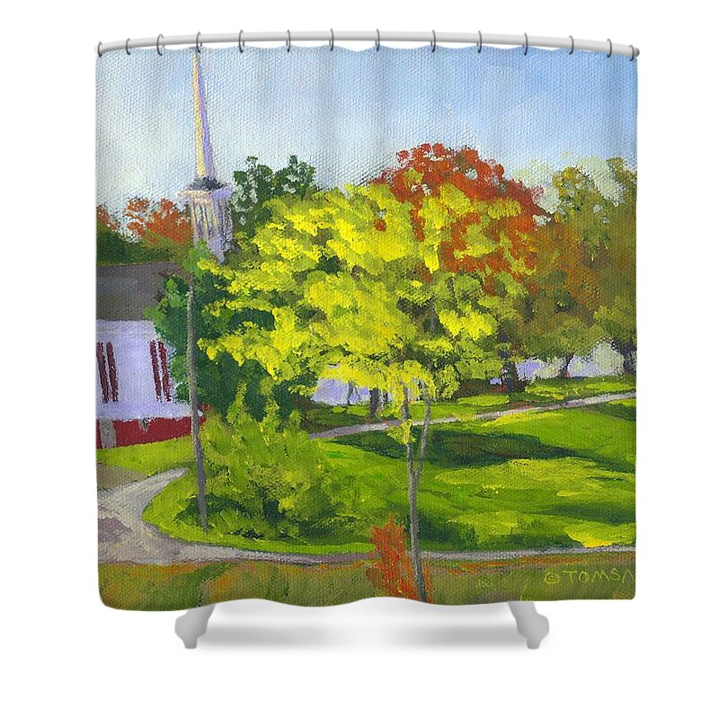 Autumn Shower Curtain featuring the painting Autumn Comes to Sheepscot by Bill Tomsa