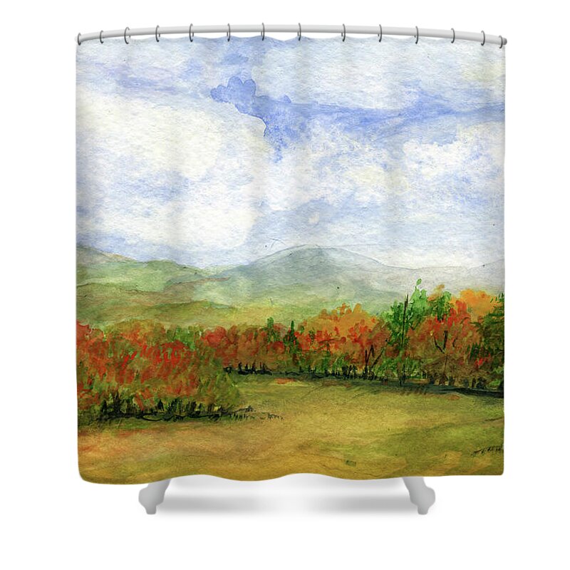 Autumn Shower Curtain featuring the painting Autumn Day Watercolor Vermont Landscape by Laurie Rohner