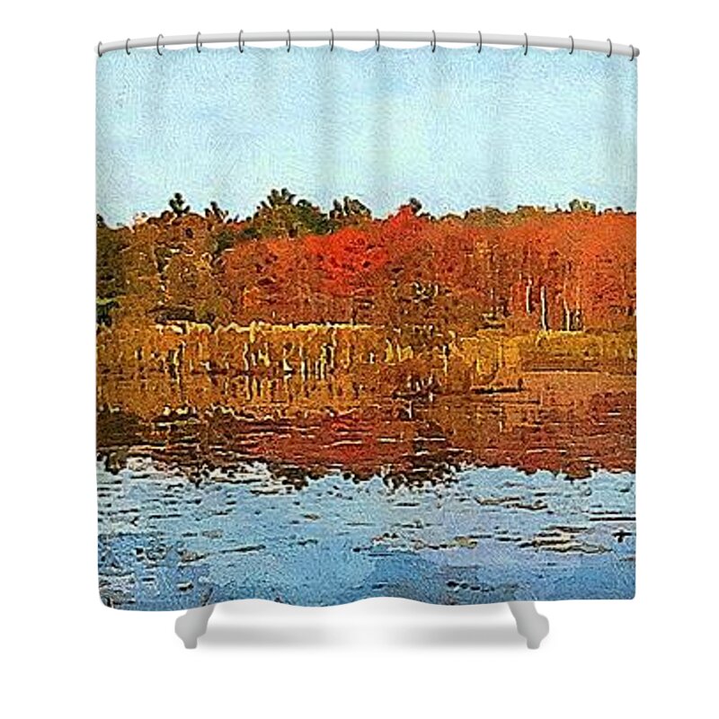 Autumn Shower Curtain featuring the mixed media Autumn Pond by Bakke and Schweizer Paintings