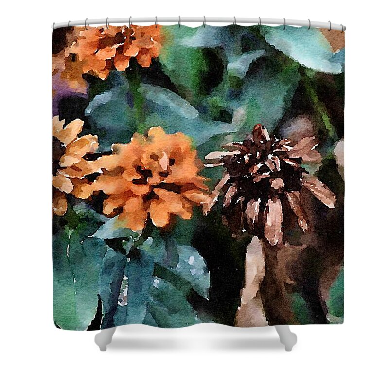 Autumn Shower Curtain featuring the painting Autumn Zinnias by Bonnie Bruno