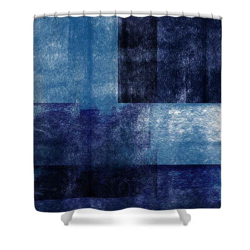 Abstract Shower Curtain featuring the mixed media Azul Blocks 1- Art by Linda Woods by Linda Woods
