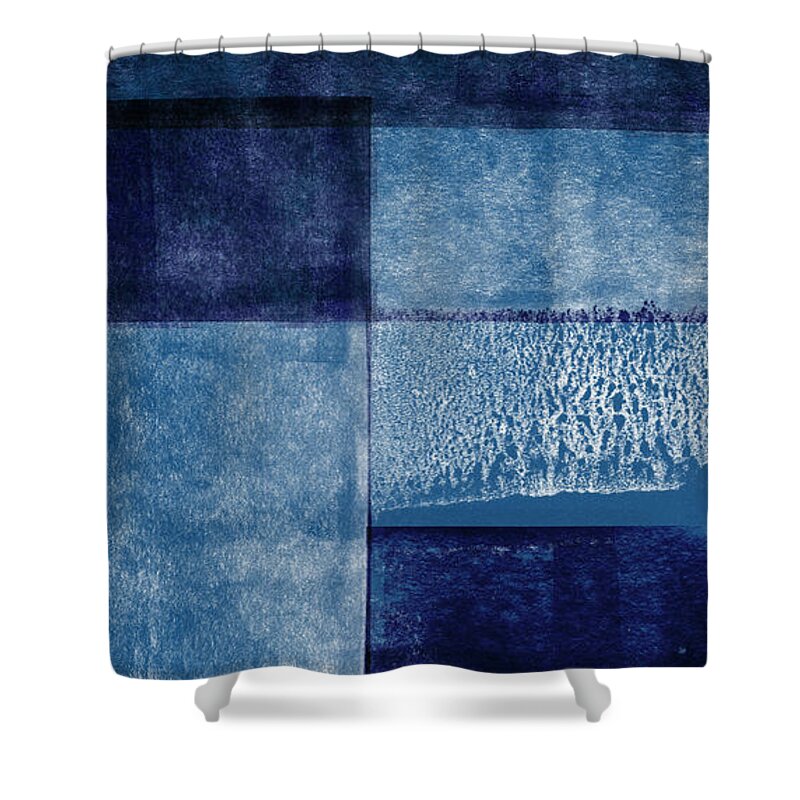 Abstract Shower Curtain featuring the mixed media Azul Blocks 2- Art by Linda Woods by Linda Woods