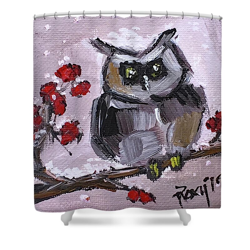 Owl Shower Curtain featuring the painting Baby Owl with Berries by Roxy Rich
