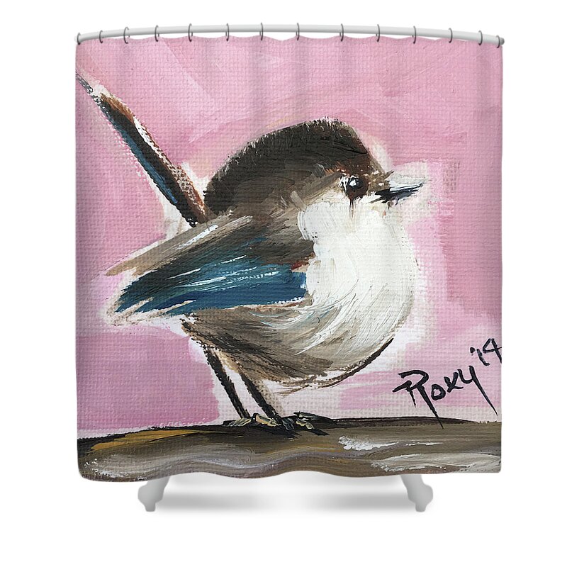 Wren Shower Curtain featuring the painting Baby Wren by Roxy Rich