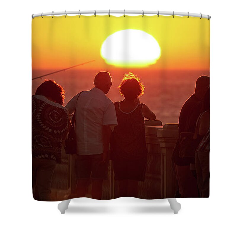 Happiness Shower Curtain featuring the photograph Back lighted Couple Staring at the Sunset by Pablo Avanzini