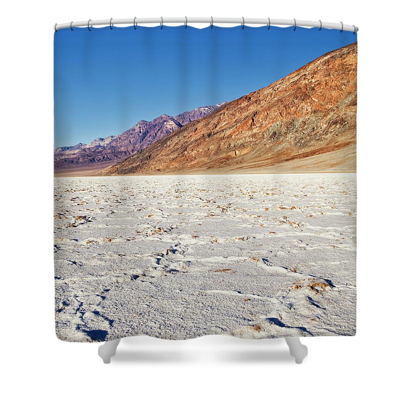 Clear Sky Shower Curtain featuring the photograph Badwater Basin Salt Flats, Death Valley by Bryan Mullennix