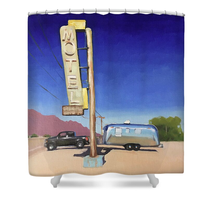 Airstream Shower Curtain featuring the painting Bagdhad Cafe, Route 66 by Elizabeth Jose