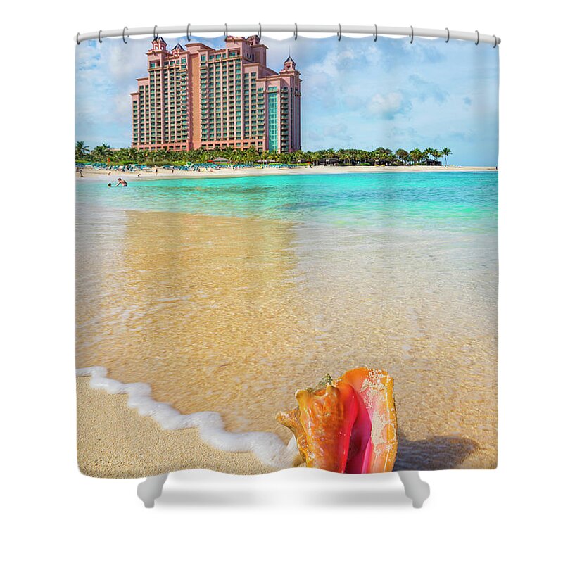 Estock Shower Curtain featuring the digital art Bahamas, Paradise Island, Caribbean Sea, Atlantic Ocean, Caribbean, Queen Conch Shell On The Cove Beach Of The Atlantis Resort by Pietro Canali