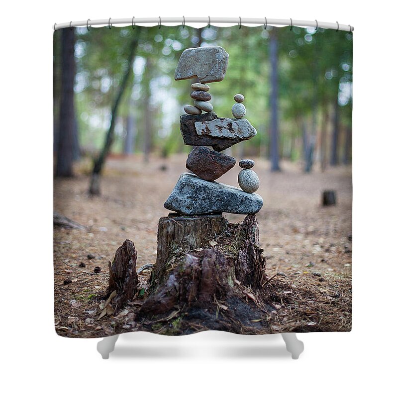 Meditation Zen Yoga Mindfulness Stones Nature Land Art Balancing Sweden Shower Curtain featuring the sculpture Balancing art #19 by Pontus Jansson