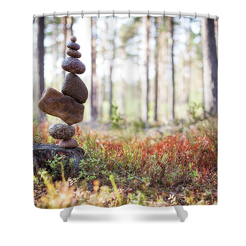 Meditation Zen Yoga Mindfulness Stones Nature Land Art Balancing Sweden Shower Curtain featuring the photograph Balancing art #20 by Pontus Jansson