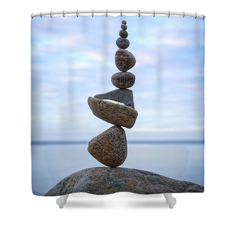 Meditation Zen Yoga Mindfulness Stones Nature Land Art Balancing Sweden Shower Curtain featuring the sculpture Balancing art #24 by Pontus Jansson