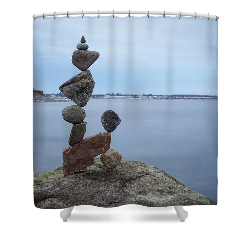 Meditation Zen Yoga Mindfulness Stones Nature Land Art Balancing Sweden Shower Curtain featuring the sculpture Balancing art #28 by Pontus Jansson