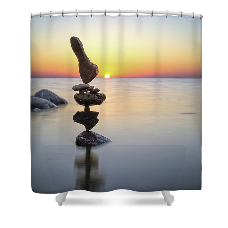 Meditation Zen Yoga Mindfulness Stones Nature Land Art Balancing Sweden Shower Curtain featuring the photograph Balancing art #3 by Pontus Jansson