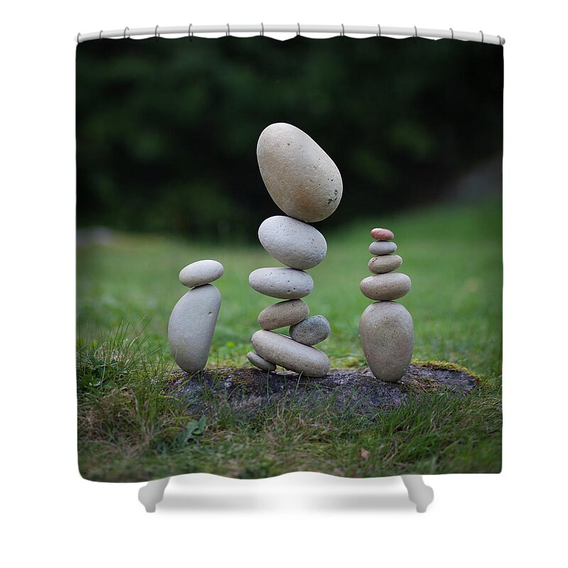 Meditation Zen Yoga Mindfulness Stones Nature Land Art Balancing Sweden Shower Curtain featuring the sculpture Balancing art #35 by Pontus Jansson