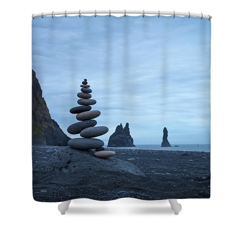 Meditation Zen Yoga Mindfulness Stones Nature Land Art Balancing Sweden Shower Curtain featuring the sculpture Balancing art #59 by Pontus Jansson