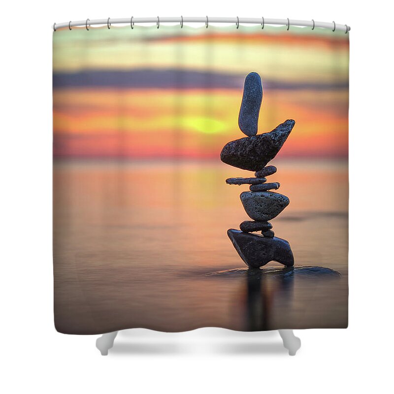 Meditation Zen Yoga Mindfulness Stones Nature Land Art Balancing Sweden Shower Curtain featuring the photograph Balancing art #6 by Pontus Jansson