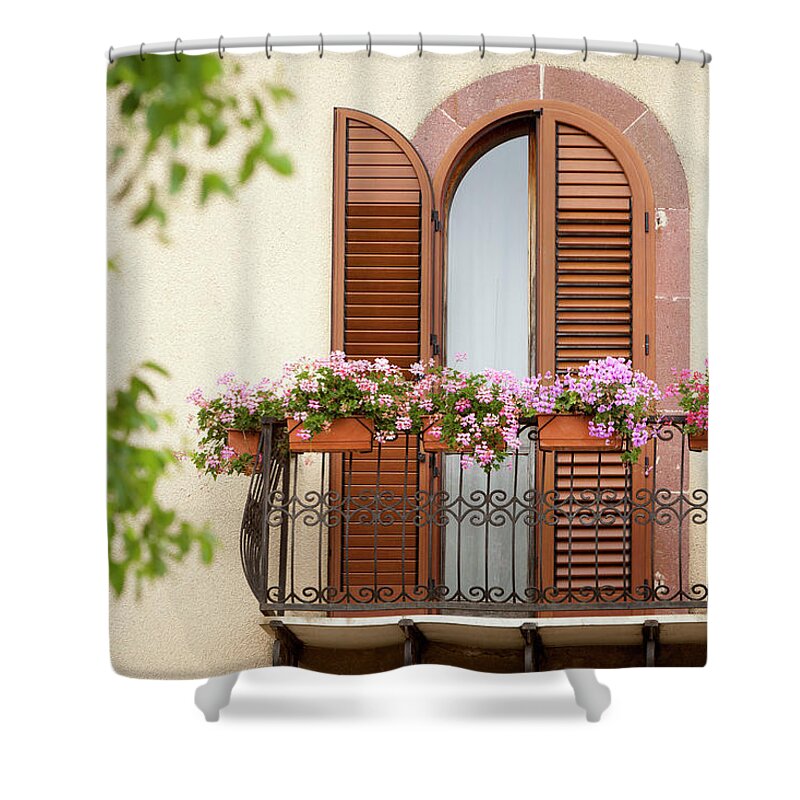 Architectural Feature Shower Curtain featuring the photograph Balcony With Flowers by Visualcommunications