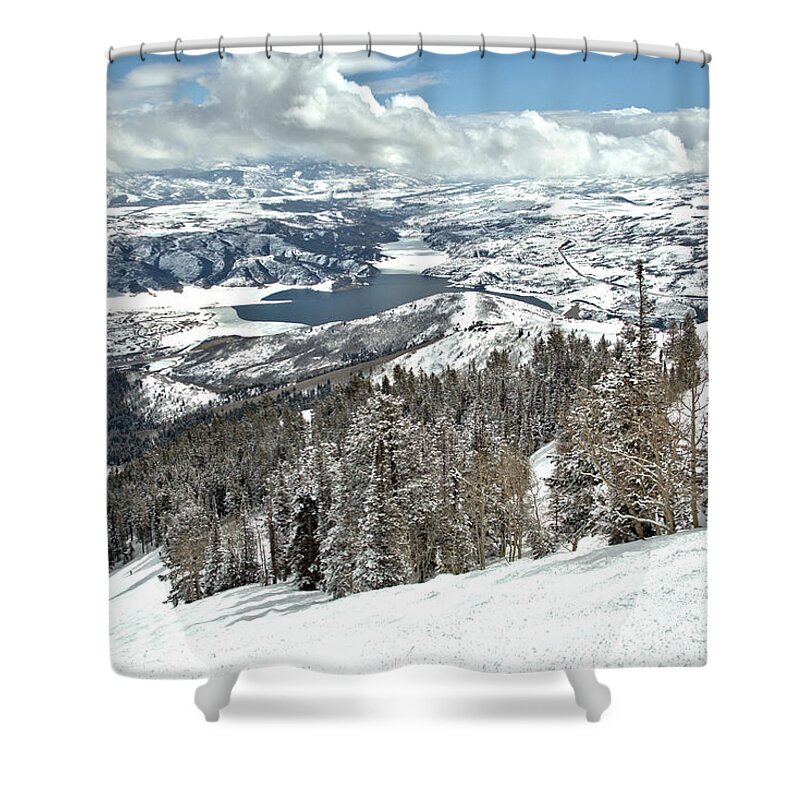 Deer Valley Shower Curtain featuring the photograph Bald Mountain View Of The Jordanelle Reservoir by Adam Jewell