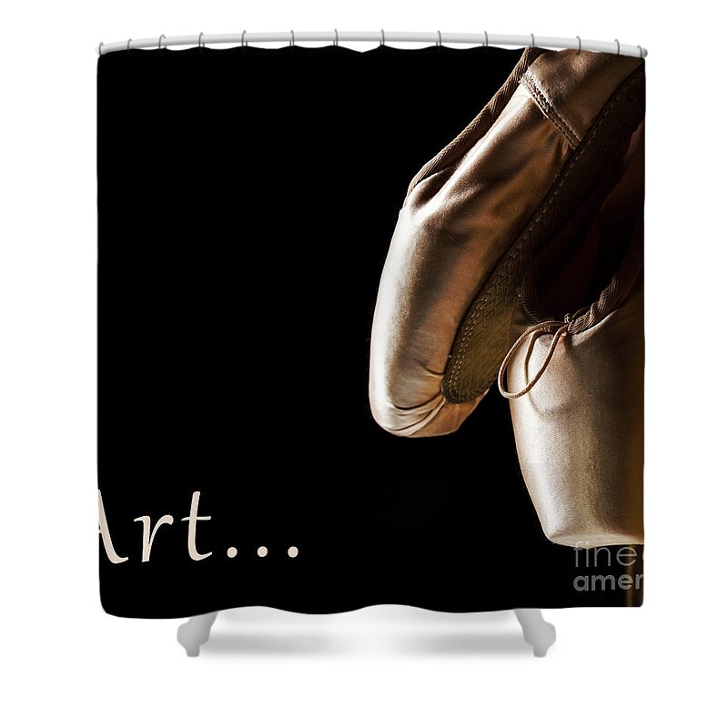 Ballet Shower Curtain featuring the photograph Ballet pointe shoes hanging over black background. by Jelena Jovanovic