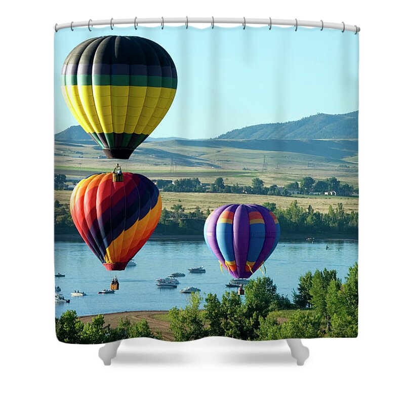 Event Shower Curtain featuring the photograph Balloons And Boats Chatfield Reservoir by Swkrullimaging