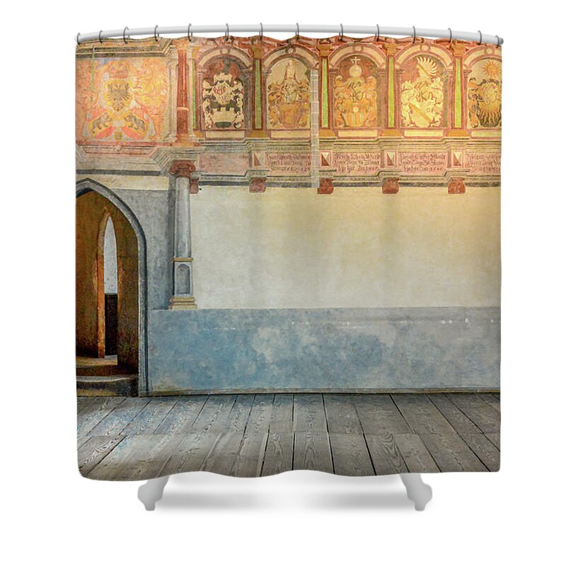 Chateau Chillon Shower Curtain featuring the photograph Hall of the Bailiffs, Chateau Chillon by Marcy Wielfaert