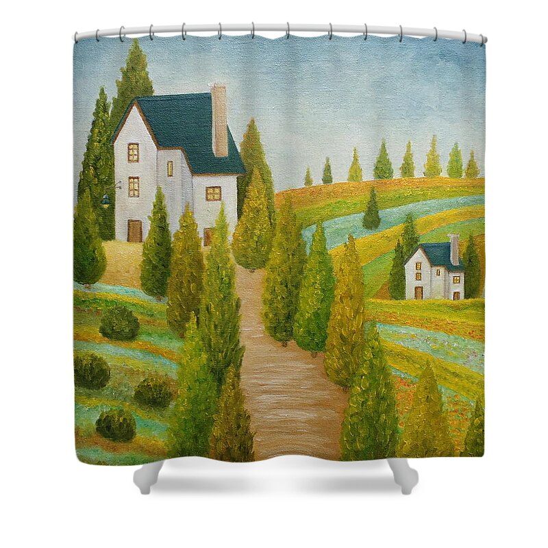 Cypress Art Shower Curtain featuring the painting Balmy Spring Evening by Angeles M Pomata