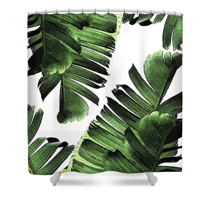 Leaf Shower Curtain featuring the mixed media Banana Leaf - Tropical Leaf Print - Botanical Art - Modern Abstract - Green, Olive by Studio Grafiikka