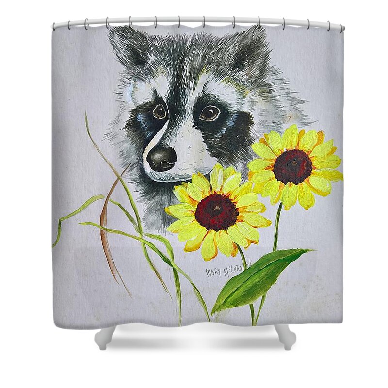 Raccoons Shower Curtain featuring the painting Bandit and the Sunflowers by ML McCormick