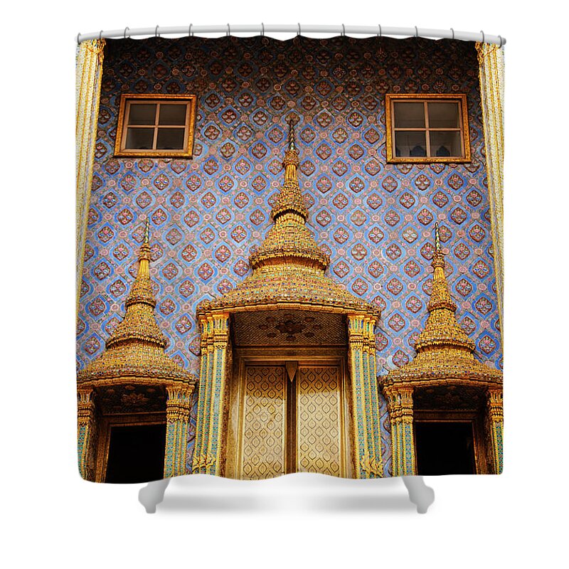 Bangkok Shower Curtain featuring the photograph Bangkok Phra Mondo Library Golden Doors One by Bob Phillips