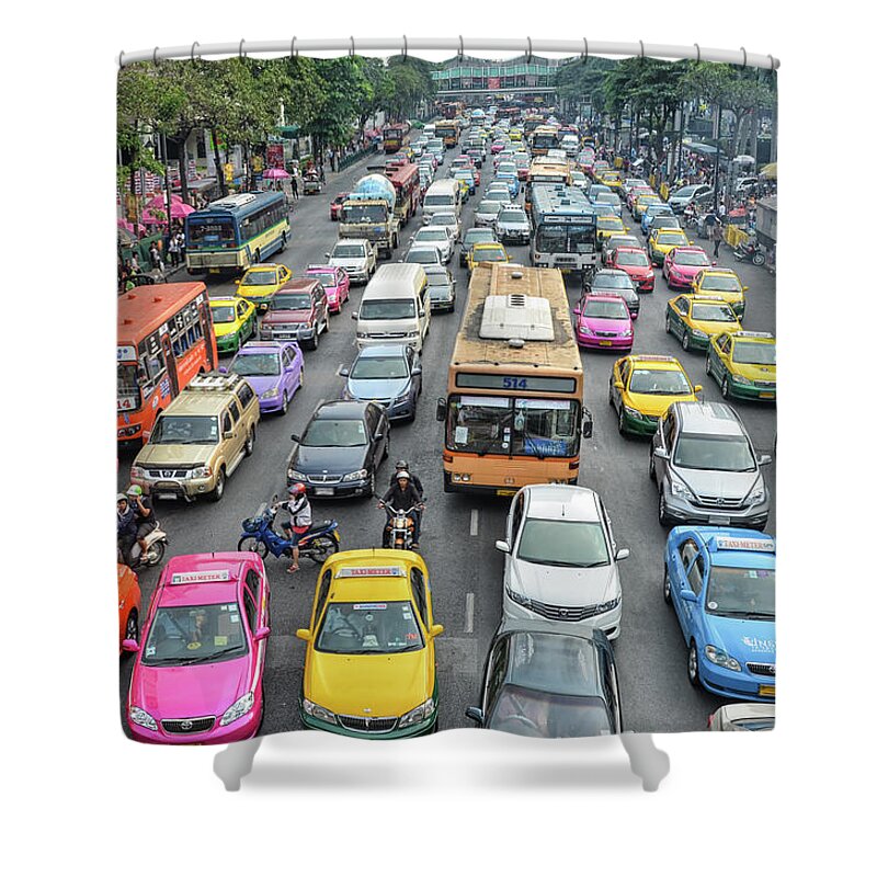 In A Row Shower Curtain featuring the photograph Bangkok Traffic Jam by Roevin