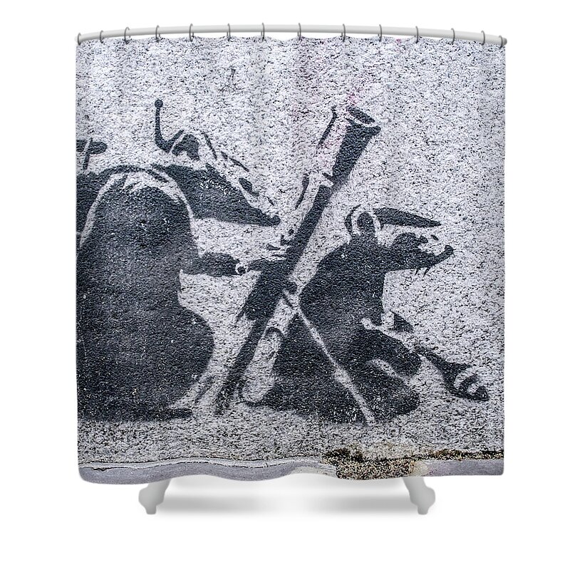 Banksy Shower Curtain featuring the photograph Banksy Bazooka Rats by Gigi Ebert