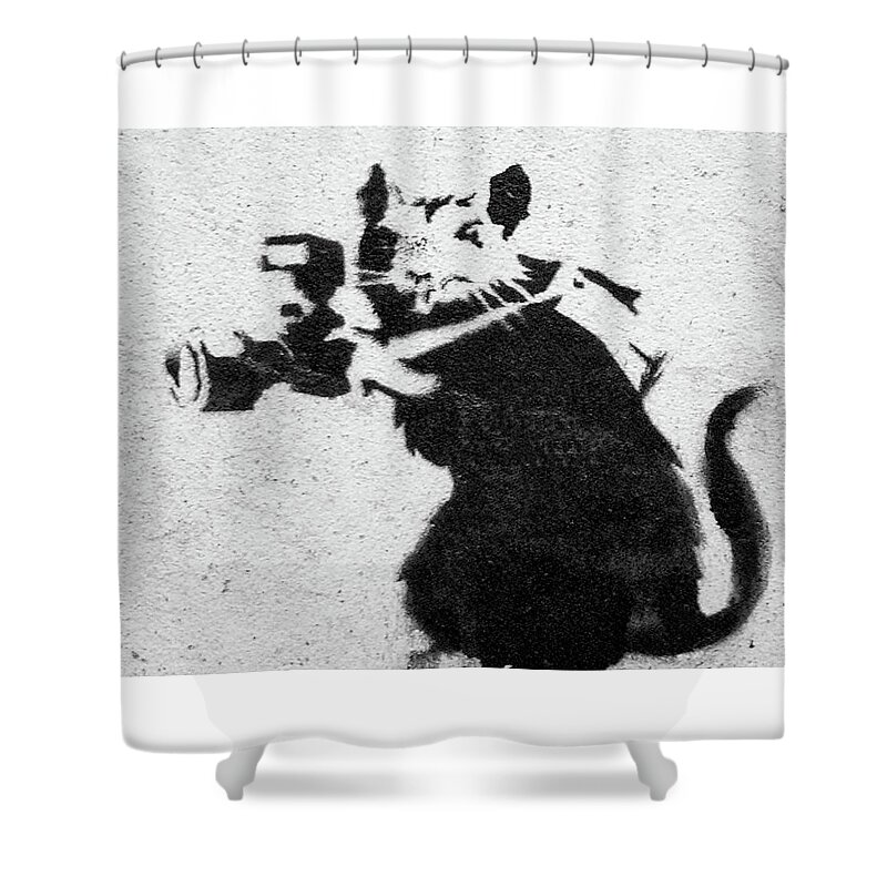 Banksy Shower Curtain featuring the photograph Banksy Rat With Camera by Gigi Ebert